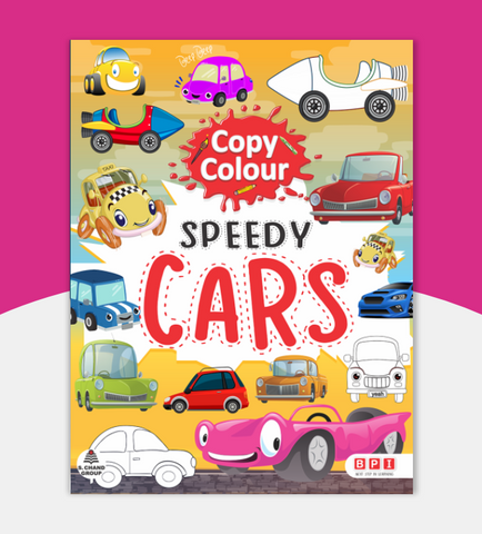 Children's book titled 'Copy Colour Speedy Cars' 